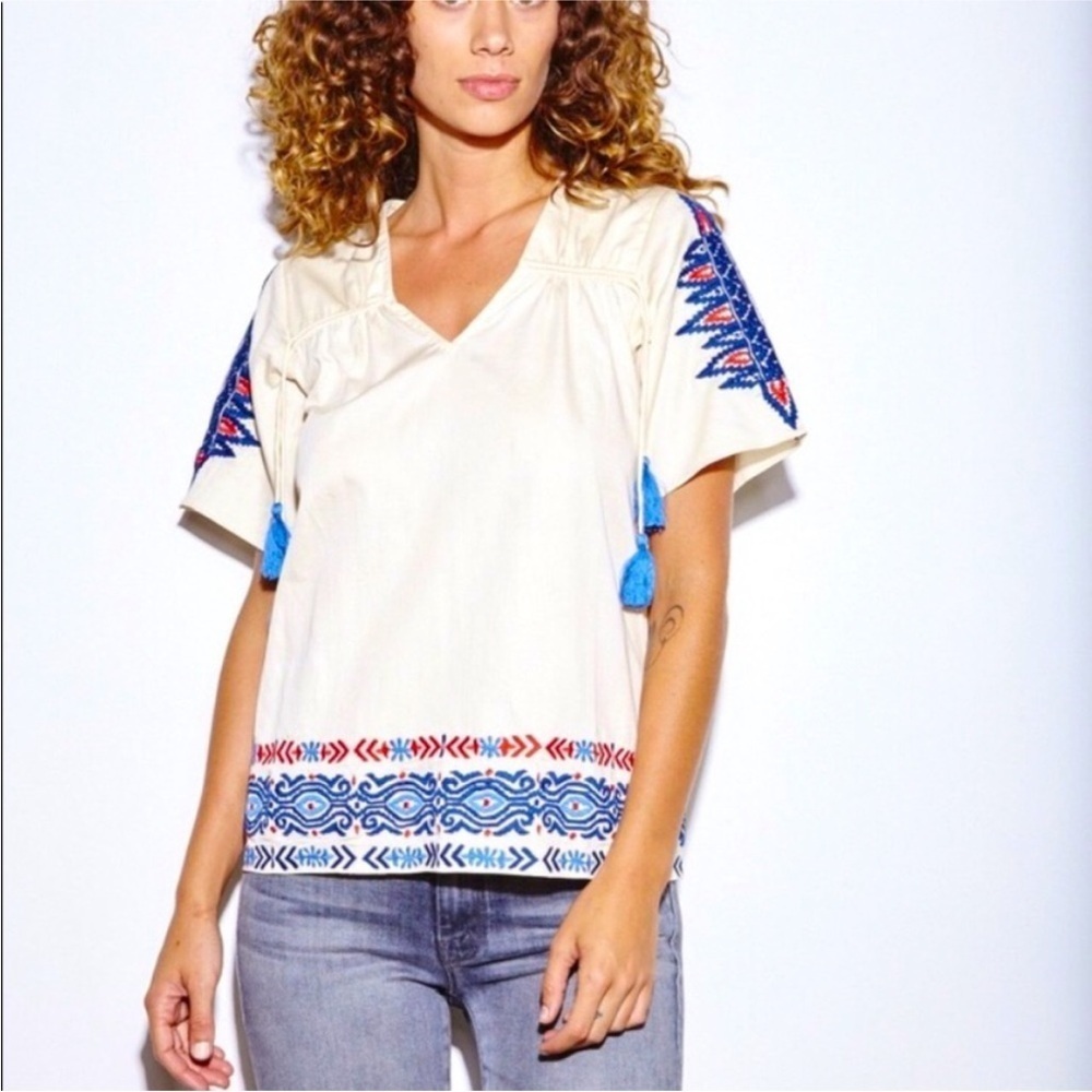 Anthropologie Pepin Cream Embroidered blue red Shirt
Size S preloved 💯 cotton